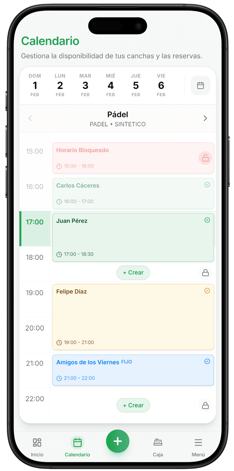 Pantalla de reserva de la app Canchero